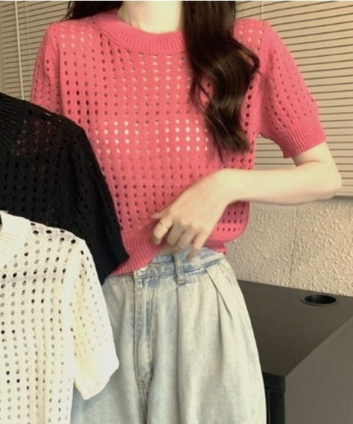 Achic(アシック)の「カラーメッシュ夏ニットトップス(ニット/セーター・レディース・ホワイト/ブラック/ピンク/グリーン・M)」の8枚目の写真