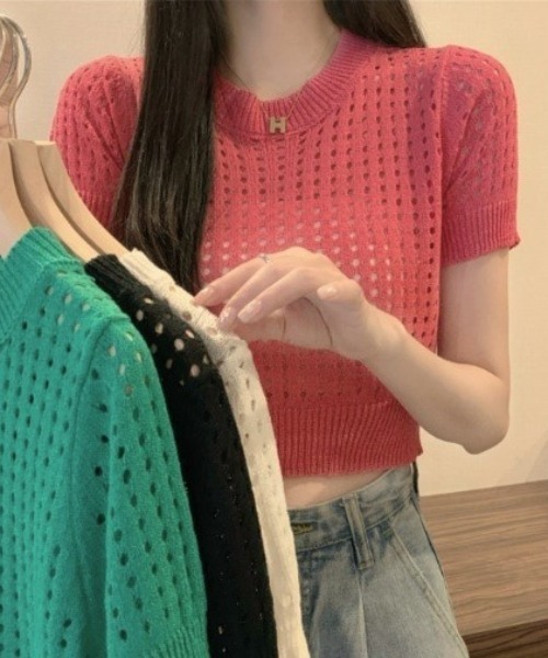 Achic(アシック)の「カラーメッシュ夏ニットトップス(ニット/セーター・レディース・ホワイト/ブラック/ピンク/グリーン・M)」の10枚目の写真
