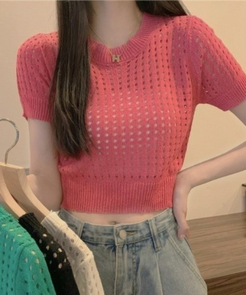 Achic(アシック)の「カラーメッシュ夏ニットトップス(ニット/セーター・レディース・ホワイト/ブラック/ピンク/グリーン・M)」の11枚目の写真