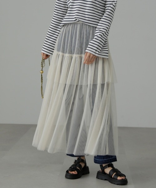 FREE'S MART（フリーズマート）の「◆チュールティアードマキシスカート（スカート・レディース・ホワイト/グリーン/ブラック・SMALL/MEDIUM）」の2枚目の写真