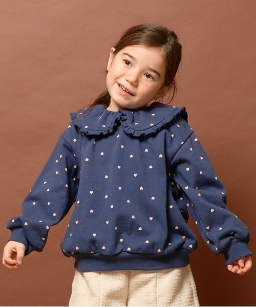 Lycee mine（リセマイン）の「【表コットン毛玉バイバイ】フリル衿付き総柄スウェット（スウェット・キッズ・オートミール/ネイビー/ピンク・120cm/140cm/110cm/150cm/100cm/130cm）」の3枚目の写真