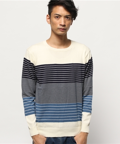 OUTLET（アウトレット）の「【Discoat Parisien】マルチボーダーCN（ニット/セーター・メンズ・ベージュ/ホワイト/ブラック・MEDIUM/LARGE）」の2枚目の写真
