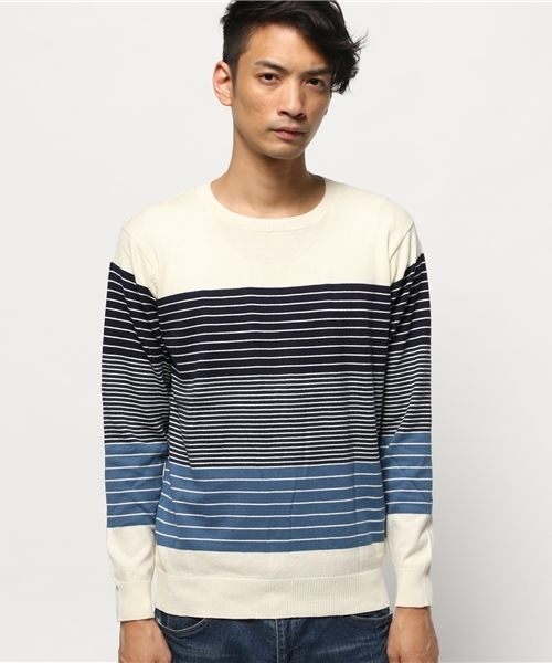 OUTLET（アウトレット）の「【Discoat Parisien】マルチボーダーCN（ニット/セーター・メンズ・ベージュ/ホワイト/ブラック・MEDIUM/LARGE）」の4枚目の写真