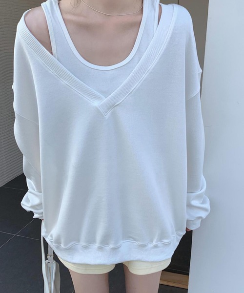 NinaetLina（ニナエリナ）の「インナータンクトップ付きVネックカットソー（Tシャツ/カットソー・レディース・ブラック/ホワイト/グレー・M/L/XL）」の7枚目の写真