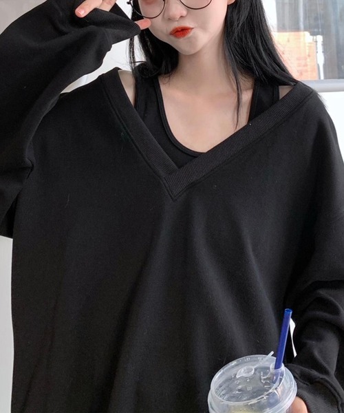 NinaetLina（ニナエリナ）の「インナータンクトップ付きVネックカットソー（Tシャツ/カットソー・レディース・ブラック/ホワイト/グレー・M/L/XL）」の8枚目の写真