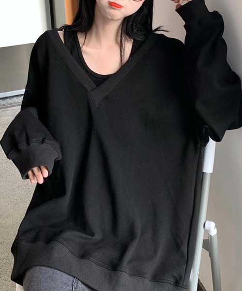 NinaetLina（ニナエリナ）の「インナータンクトップ付きVネックカットソー（Tシャツ/カットソー・レディース・ブラック/ホワイト/グレー・M/L/XL）」の9枚目の写真