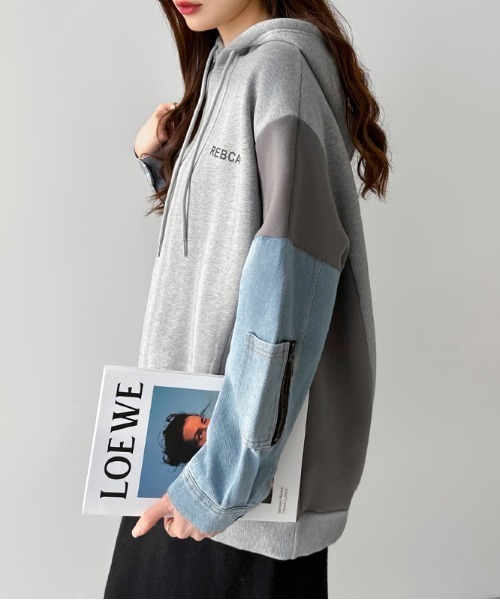 売れ筋商品|||トム テイラー デニム パーカー・スウェットシャツ レディース アウター STRUCTURED - Sweatshirt - off white セール】デニムスリーブドッキング スウェットパーカー 裏起毛
