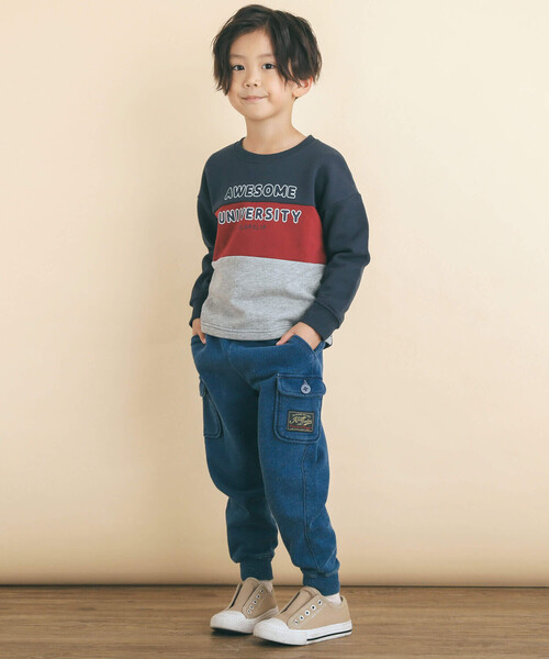 SLAP SLIP（スラップスリップ）の「フラップポケットデニムニットロングカーゴパンツ(80~130cm)（デニムパンツ・キッズ・ブルー/ネイビー・120cm/80ｃｍ/110cm/130cm/90cm/100cm）」の4枚目の写真