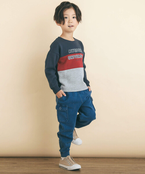 SLAP SLIP（スラップスリップ）の「フラップポケットデニムニットロングカーゴパンツ(80~130cm)（デニムパンツ・キッズ・ブルー/ネイビー・120cm/80ｃｍ/110cm/130cm/90cm/100cm）」の5枚目の写真