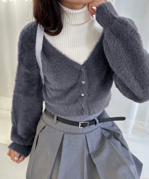 OLIVE des OLIVE（オリーブデオリーブ）の「ハートボタンフェザーカーデ　1041050020（カーディガン/ボレロ・レディース・オフホワイト/チャコールグレー/グレイッシュベージュ/ミント・FREE）」の3枚目の写真