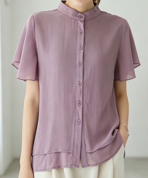Miniministore(ミニミニストア)の「フレアー袖ブラウス バンドカラー 半袖夏半袖(シャツ/ブラウス・レディース・ホワイト/ラベンダー/ミント/ブルー/グレー/ブラック・FREE)」の1枚目の写真