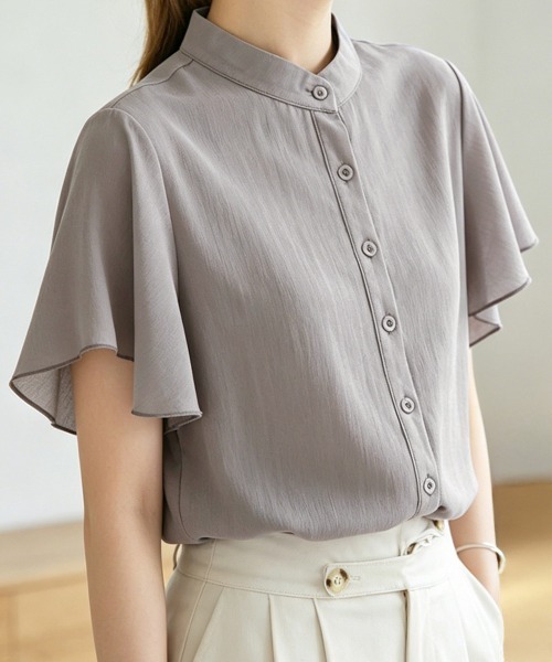Miniministore(ミニミニストア)の「フレアー袖ブラウス バンドカラー 半袖夏半袖(シャツ/ブラウス・レディース・ホワイト/ラベンダー/ミント/ブルー/グレー/ブラック・FREE)」の4枚目の写真