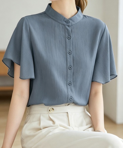 Miniministore(ミニミニストア)の「フレアー袖ブラウス バンドカラー 半袖夏半袖(シャツ/ブラウス・レディース・ホワイト/ラベンダー/ミント/ブルー/グレー/ブラック・FREE)」の6枚目の写真