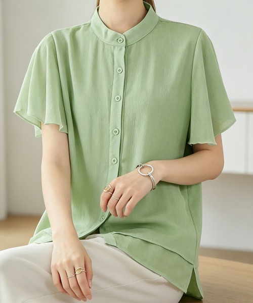 Miniministore(ミニミニストア)の「フレアー袖ブラウス バンドカラー 半袖夏半袖(シャツ/ブラウス・レディース・ホワイト/ラベンダー/ミント/ブルー/グレー/ブラック・FREE)」の5枚目の写真