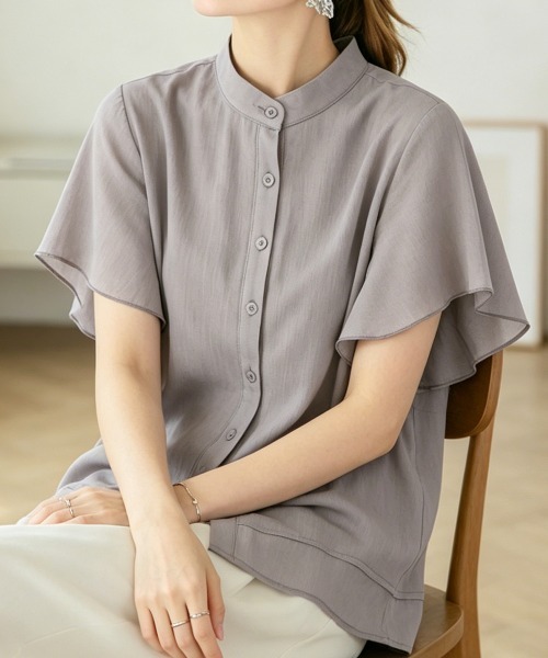 Miniministore(ミニミニストア)の「フレアー袖ブラウス バンドカラー 半袖夏半袖(シャツ/ブラウス・レディース・ホワイト/ラベンダー/ミント/ブルー/グレー/ブラック・FREE)」の14枚目の写真