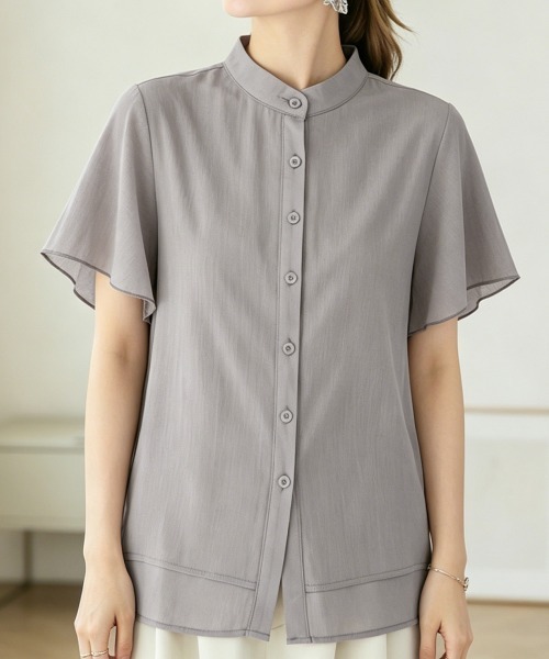 Miniministore(ミニミニストア)の「フレアー袖ブラウス バンドカラー 半袖夏半袖(シャツ/ブラウス・レディース・ホワイト/ラベンダー/ミント/ブルー/グレー/ブラック・FREE)」の15枚目の写真