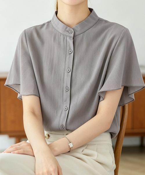 Miniministore(ミニミニストア)の「フレアー袖ブラウス バンドカラー 半袖夏半袖(シャツ/ブラウス・レディース・ホワイト/ラベンダー/ミント/ブルー/グレー/ブラック・FREE)」の16枚目の写真