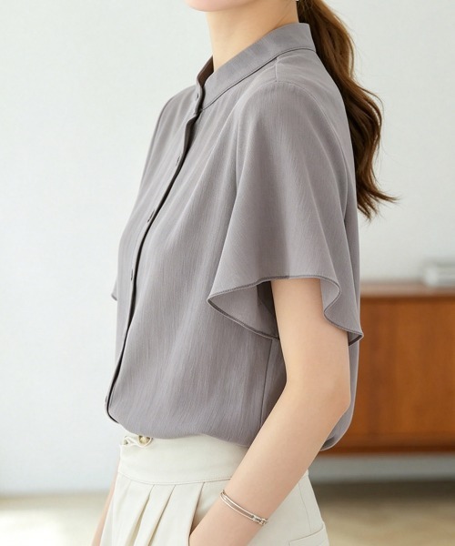 Miniministore(ミニミニストア)の「フレアー袖ブラウス バンドカラー 半袖夏半袖(シャツ/ブラウス・レディース・ホワイト/ラベンダー/ミント/ブルー/グレー/ブラック・FREE)」の17枚目の写真