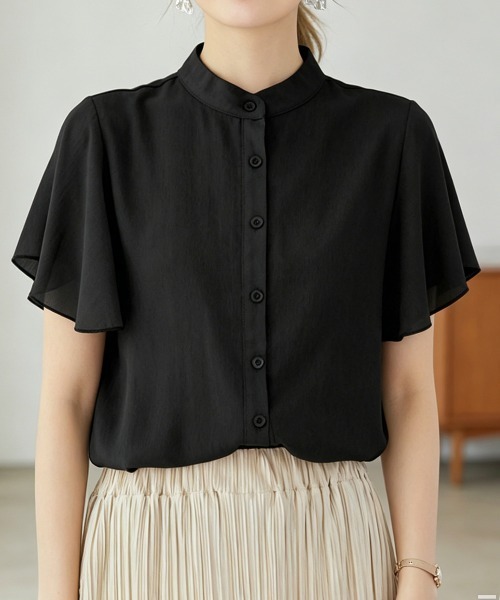 Miniministore(ミニミニストア)の「フレアー袖ブラウス バンドカラー 半袖夏半袖(シャツ/ブラウス・レディース・ホワイト/ラベンダー/ミント/ブルー/グレー/ブラック・FREE)」の18枚目の写真
