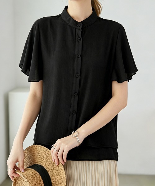 Miniministore(ミニミニストア)の「フレアー袖ブラウス バンドカラー 半袖夏半袖(シャツ/ブラウス・レディース・ホワイト/ラベンダー/ミント/ブルー/グレー/ブラック・FREE)」の21枚目の写真