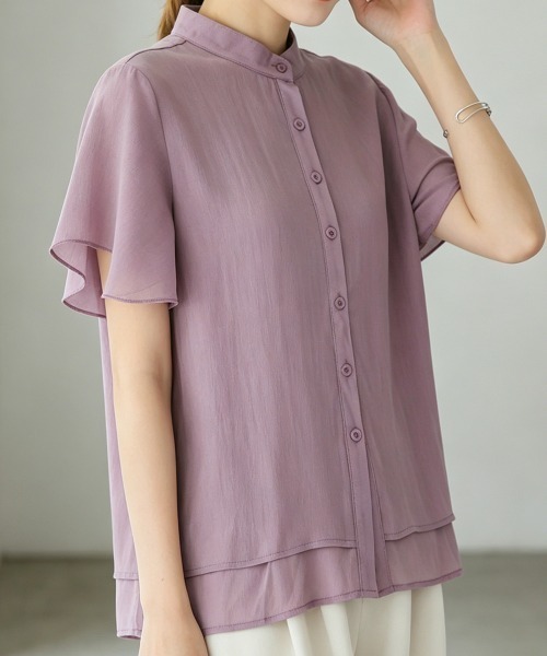 Miniministore(ミニミニストア)の「フレアー袖ブラウス バンドカラー 半袖夏半袖(シャツ/ブラウス・レディース・ホワイト/ラベンダー/ミント/ブルー/グレー/ブラック・FREE)」の7枚目の写真