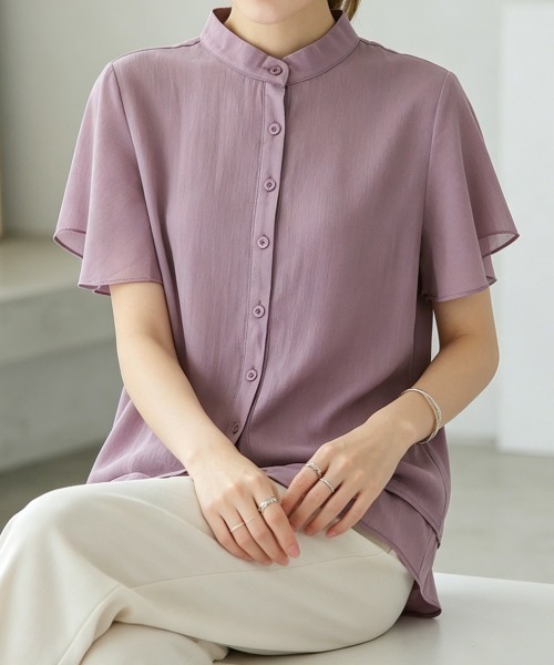 Miniministore(ミニミニストア)の「フレアー袖ブラウス バンドカラー 半袖夏半袖(シャツ/ブラウス・レディース・ホワイト/ラベンダー/ミント/ブルー/グレー/ブラック・FREE)」の8枚目の写真