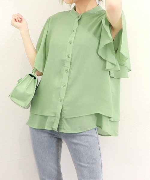 Miniministore(ミニミニストア)の「フレアー袖ブラウス バンドカラー 半袖夏半袖(シャツ/ブラウス・レディース・ホワイト/ラベンダー/ミント/ブルー/グレー/ブラック・FREE)」の9枚目の写真