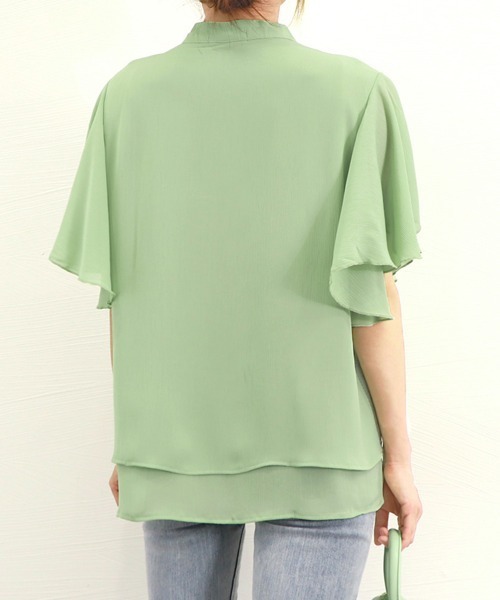 Miniministore(ミニミニストア)の「フレアー袖ブラウス バンドカラー 半袖夏半袖(シャツ/ブラウス・レディース・ホワイト/ラベンダー/ミント/ブルー/グレー/ブラック・FREE)」の11枚目の写真