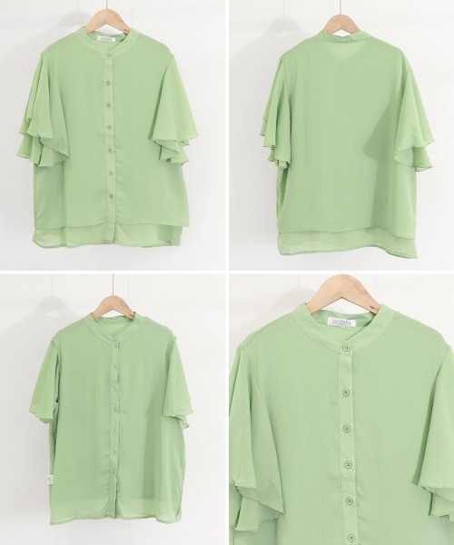 Miniministore(ミニミニストア)の「フレアー袖ブラウス バンドカラー 半袖夏半袖(シャツ/ブラウス・レディース・ホワイト/ラベンダー/ミント/ブルー/グレー/ブラック・FREE)」の12枚目の写真