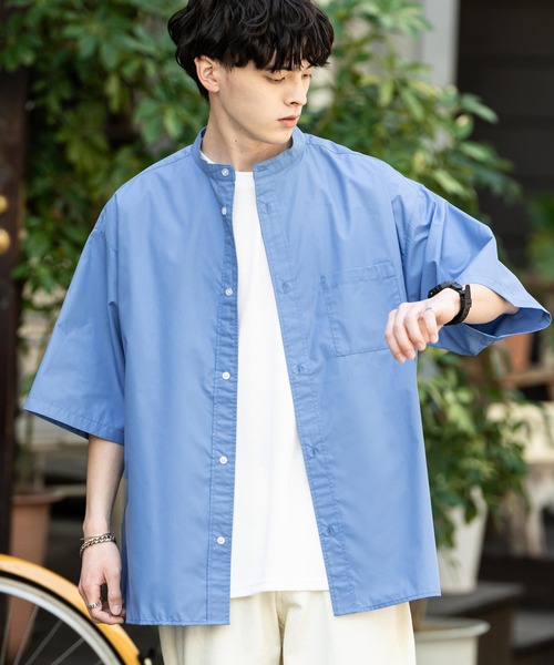 Rocky Monroe(ロッキーモンロー)の「オーバーサイズ 無地/チェック柄/ストライプ柄バンドカラー半袖シャツ(シャツ/ブラウス・メンズ・ホワイト/ライトブラック/ホワイト×ブルー/ホワイト×ブラック/ダークブルー/ブラック/サックスブルー/ブルー・XL/L/M)」の13枚目の写真