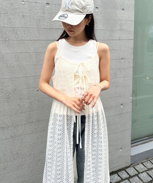 SinceThenレース&リボン キャミワンピース フレア ロング clear ワンピース 「低身長サイズ有」レースリボンキャミロング