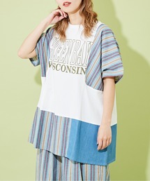 CUBE SUGAR（キューブシュガー）の「ストライプ×デニム×カットソー切替ドルマンTシャツ（Tシャツ/カットソー）」
