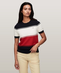 ラグビーストライプクルーネックショートスリーブセーター