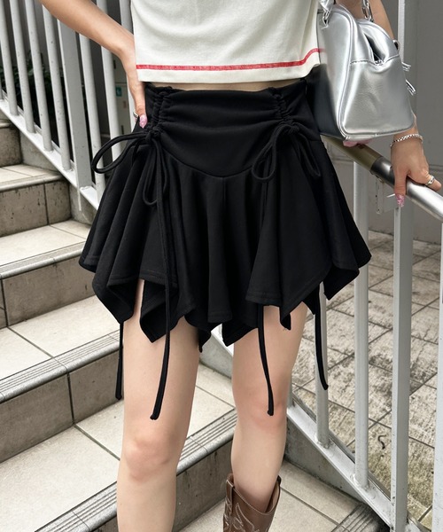 メタル装飾 シルク ミニスカート ブラック につめ 