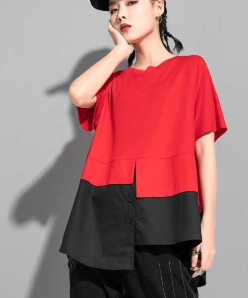 B'day(ビーデイ)の「【 B'day / ビーデー 】アシンメトリー半袖Tシャツ(Tシャツ/カットソー・レディース・レッド/ブラック・LARGE/MEDIUM)」の6枚目の写真
