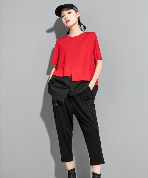 B'day(ビーデイ)の「【 B'day / ビーデー 】アシンメトリー半袖Tシャツ(Tシャツ/カットソー・レディース・レッド/ブラック・LARGE/MEDIUM)」の7枚目の写真