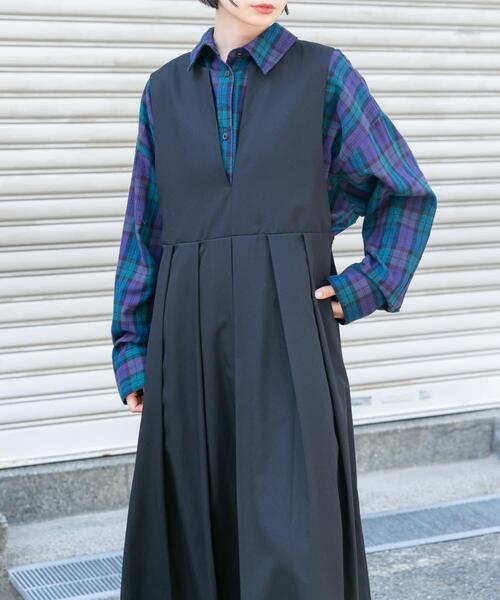 【セール】『2サイズ展開』キーネックBIGプリーツジャンパースカート（ワンピース）｜KBF（ケイビーエフ）