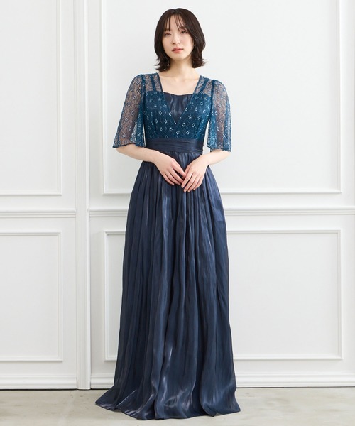 セール】【WEB限定】演奏会用ラメレース×割繊サテン袖付きロングドレス