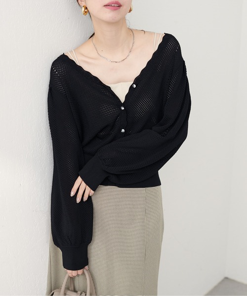 natural couture(ナチュラルクチュール)の「【WEB限定】メッシュ編みクリア釦長袖カーデ(カーディガン/ボレロ・レディース・ミント/モカ/ボルドー/アイボリー/ブラック・FREE)」の1枚目の写真