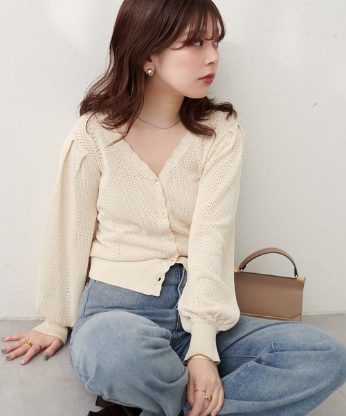 natural couture(ナチュラルクチュール)の「【WEB限定】メッシュ編みクリア釦長袖カーデ(カーディガン/ボレロ・レディース・ミント/モカ/ボルドー/アイボリー/ブラック・FREE)」の7枚目の写真