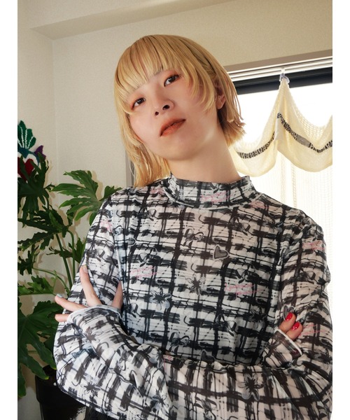 PAMEO POSE（パメオポーズ）の「【YUUKI】My checkered patterns Sheer long sleeves（Tシャツ/カットソー・レディース・グリーン/ブラック/オレンジ・FREE）」の17枚目の写真