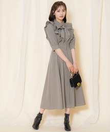 【定番フェミニン】5分袖 リボンタイ タックウエストフリルシャツワンピース 【WILLSELECTION ウィルセレクション】