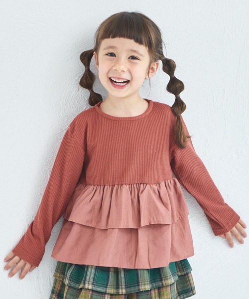 pairmanon（ペアマノン）の「【軽ふわっふる】 ワッフル フリル ティアード 長袖 Tシャツ（Tシャツ/カットソー・キッズ・ライトベージュ/ブラック/モカ/ピンク/ライトピンク/ブラック系その他/オレンジ系その他・120/110/130/150/100/140/90）」の7枚目の写真