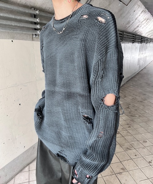 Figments(フィグメンツ)の「ブラッシュデストロイニット(ニット/セーター・レディース・オレンジ/チャコールグレー/ホワイト・FREE)」の10枚目の写真