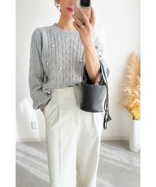 &. NOSTALGIA（アンドドットノスタルジア）の「【ZOZO限定】モヘアタッチケーブルパールニット（ニット/セーター・レディース・ブラック/モカ/ライトグレー・M）」の8枚目の写真