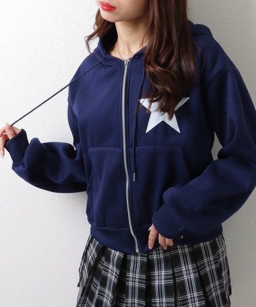 Lace Ladies(レースレディース)の「ショート丈 星 スタープリント フロントジップ パーカー トップス(パーカー・レディース・グレー/ネイビー・M/XL)」の8枚目の写真