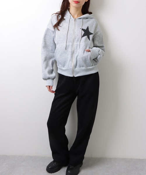 Lace Ladies(レースレディース)の「ショート丈 星 スタープリント フロントジップ パーカー トップス(パーカー・レディース・グレー/ネイビー・M/XL)」の13枚目の写真