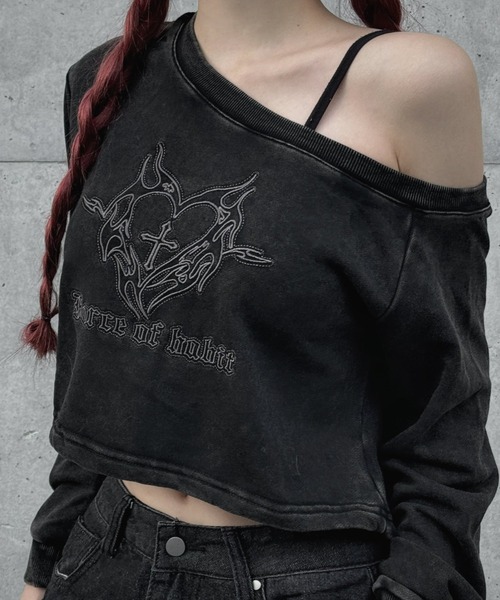 tシャツ ワンショルダーフロントデザインロングTシャツ レディース メンズ セール】ワンショルダーフロントデザインロングTシャツ（Tシャツ