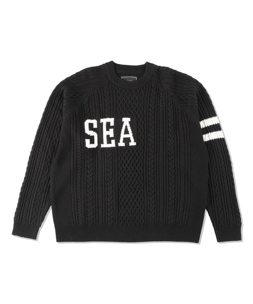 wind and sea デカロゴ ケーブルニット セーター ブラック　長袖 A HOOP CABLE PULLOVER（ニット/セーター）｜WIND AND SEA（ウィン