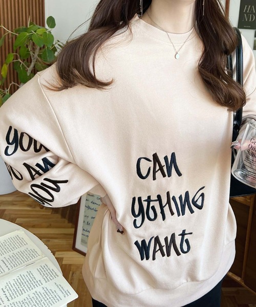 moment+（モーメントプラス）の「裏毛オーバーサイズロゴ刺繍スウェットプルオーバー（スウェット・レディース・ベージュ/オートミール/アイボリー/ブラック・M）」の5枚目の写真